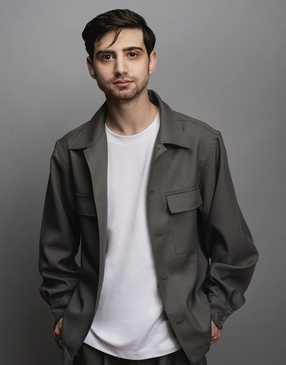 Three-quarter-length photo, gray background